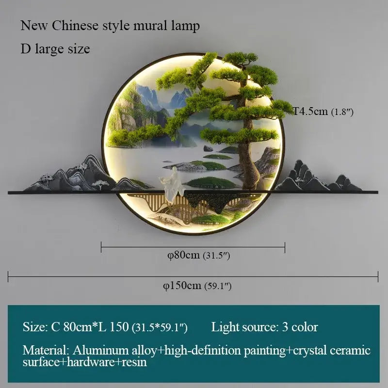 DecorBites™ circular chinese-style landscape led wall lamp with glowing painted pine tree on aluminum alloy frame