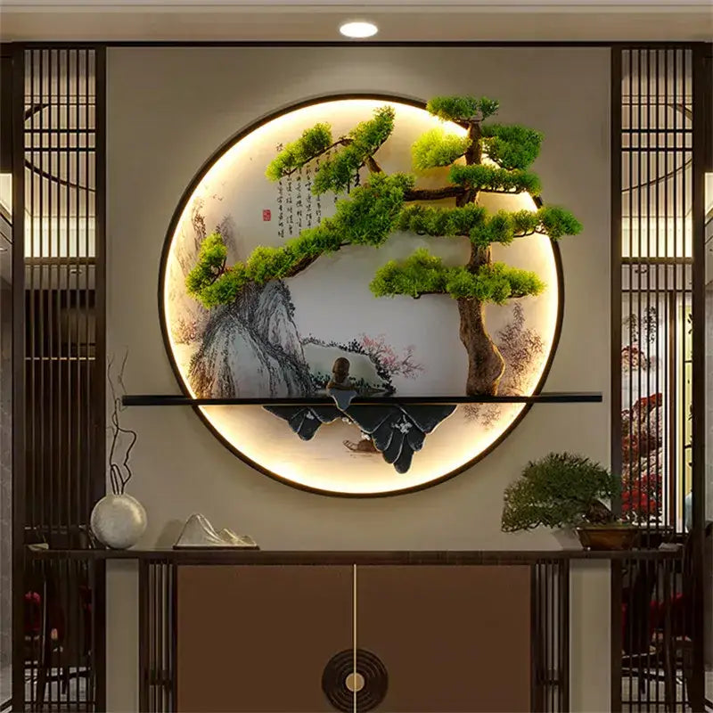 Circular decorbites™ chinese landscape led wall lamp featuring green bonsai tree and ink-wash painting in black frame