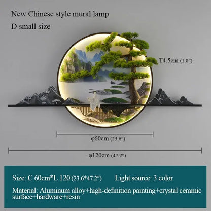 Decorbites™ chinese landscape led wall lamp with glowing circular mural of pine tree and mountains on aluminum frame