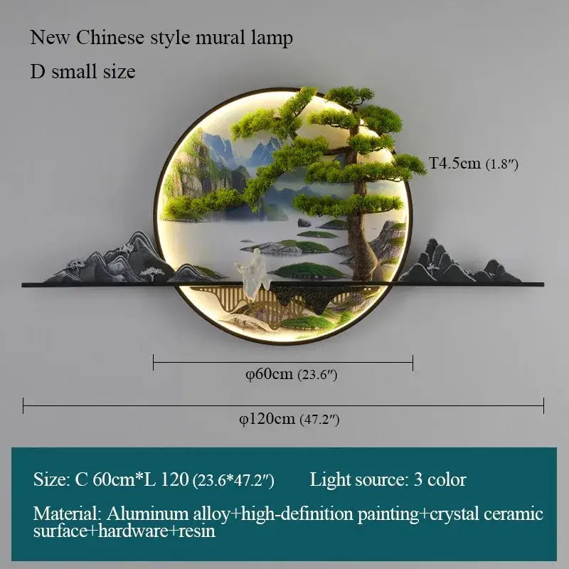 Decorbites™ chinese landscape led wall lamp with glowing circular mural of pine tree and mountains on aluminum frame