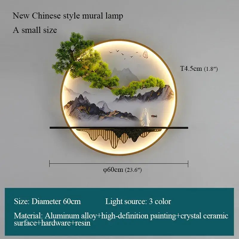 Circular DecorBites™ Chinese landscape led wall lamp with glowing painted mountains on aluminum alloy frame for home use