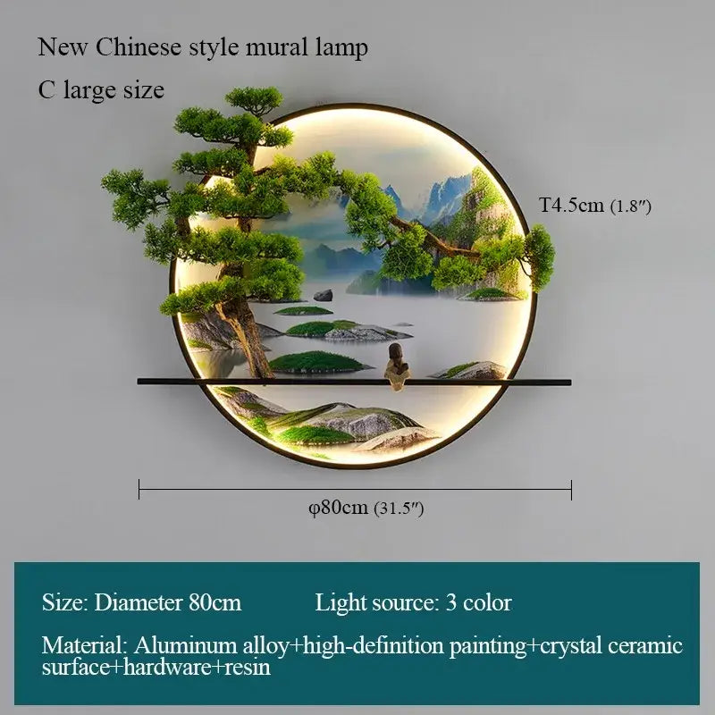 Decorbites chinese landscape led wall lamp with circular aluminum alloy frame and glowing pine tree mural for bedroom