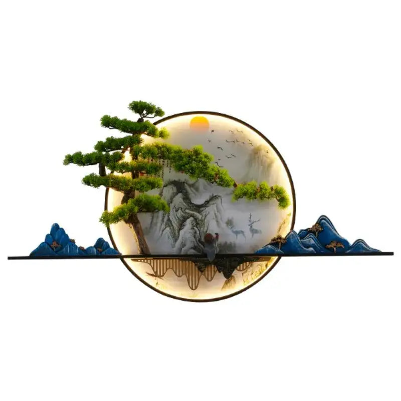 Decorbites™ chinese landscape led wall lamp with circular painted scene of green pines misty mountains and birds