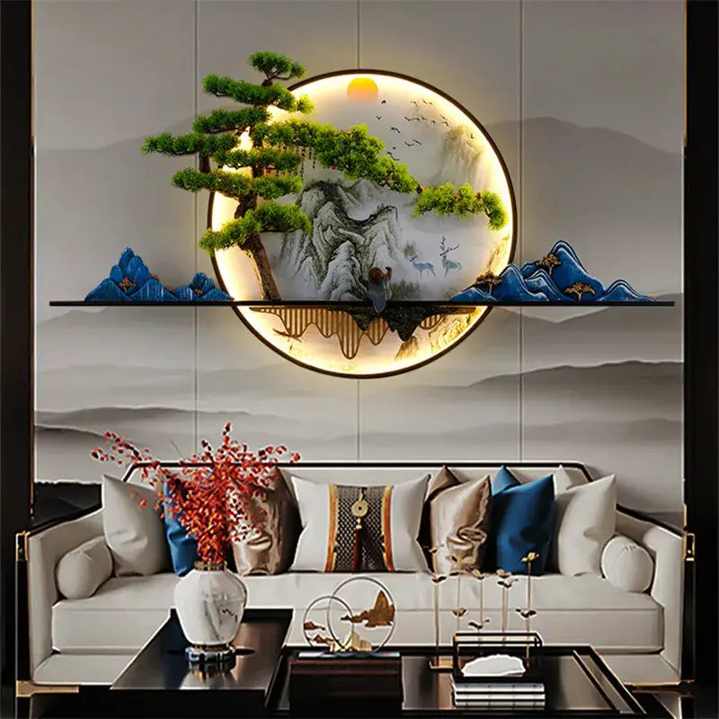 DecorBites™ Chinese landscape led wall lamp featuring circular illuminated pine trees mountains and deer design for home use