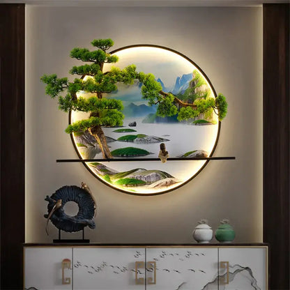 Decorbites™ chinese landscape led wall lamp with circular mountain artwork, glowing light ring, and green pine branches