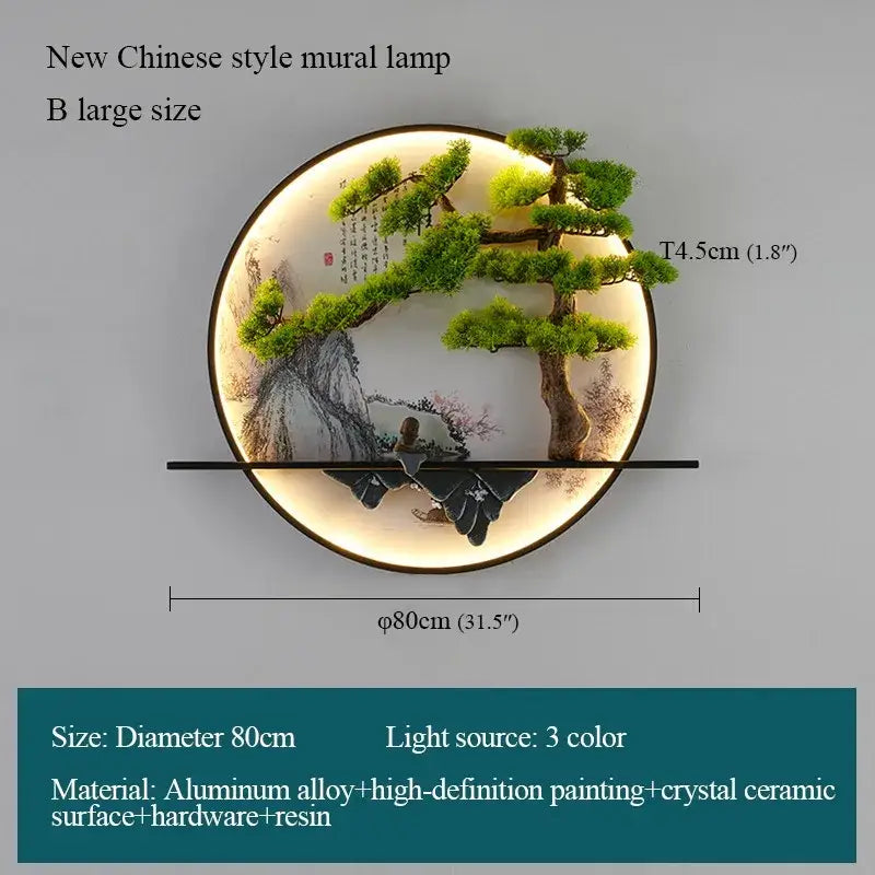DecorBites™ circular ceramic led wall lamp with painted Chinese landscape featuring green bonsai trees and calligraphy