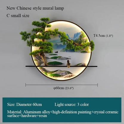 Decorbites chinese landscape led wall lamp with circular mural, glowing pine trees and mountains on aluminum frame