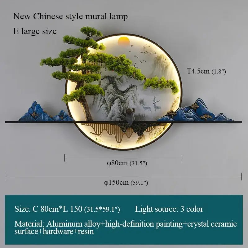 Decorbites chinese landscape led wall lamp with circular ceramic design blue accents and glowing moon backdrop
