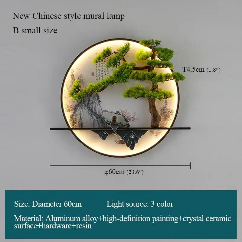 Decorbites™ chinese landscape led wall lamp with circular mural featuring bonsai trees mountains and figures under warm light
