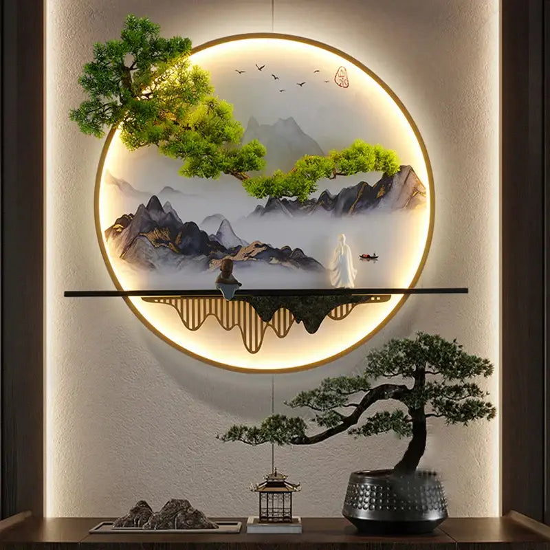DecorBites™ circular landscape led wall lamp with misty mountains and figure in white robes for home and bedroom use