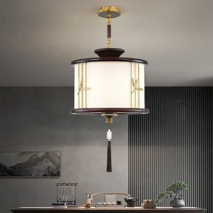 Decorbites chinese lantern chandelier with dark wood frame gold bird motifs frosted glass and hanging black tassel