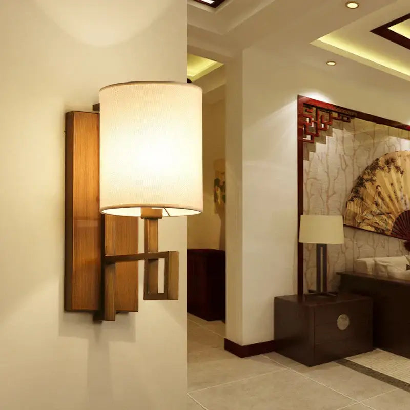 DecorBites™ warm-toned wooden lantern cloth wall light with off-white fabric shade for bedroom and corridor use