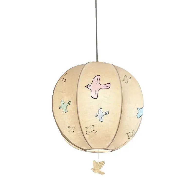 Beige spherical decorbites chinese medieval pendant light with hand-painted pastel chinese medieval dove embroidery design
