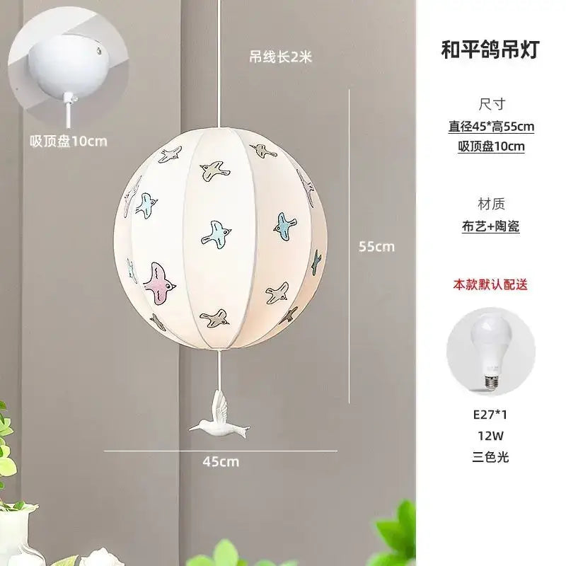 Off-white spherical pendant light with pastel bird illustrations and a white ceramic dove by decorbites chinese medieval dove