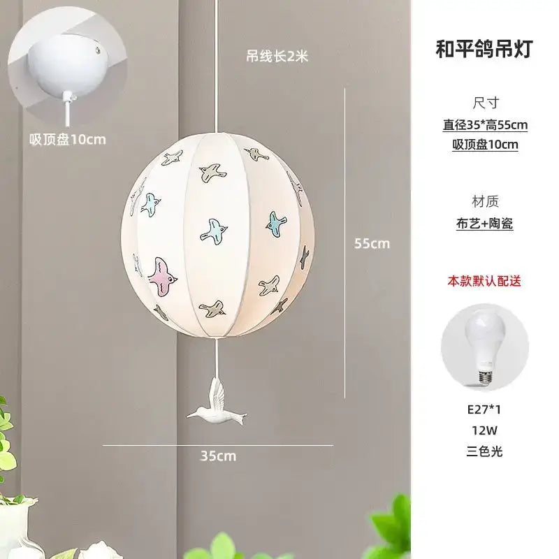 Decorbites chinese medieval dove pendant light white spherical paper lantern with pastel bird illustrations and ceramic charm