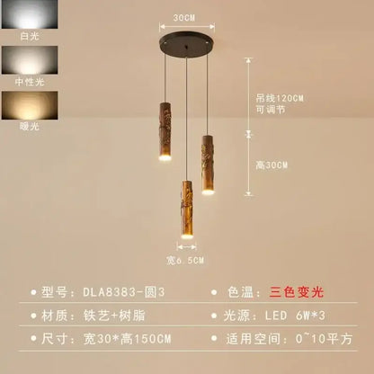 Decorbites chinese modern three-tiered pendant light with carved bamboo shades and warm to cool white led lighting options
