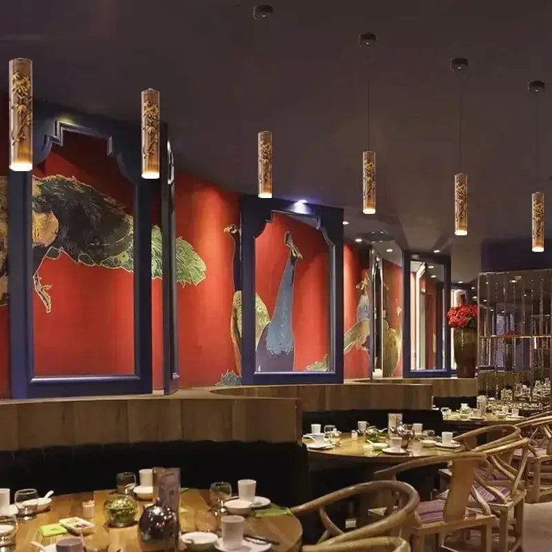 Decorbites chinese modern pendant light featuring tall cylindrical gold carved design for hotpot restaurant bar