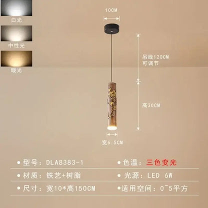 Cylindrical bamboo pendant light with golden leaf carvings black ceiling mount and adjustable cord decorbites chinese modern art