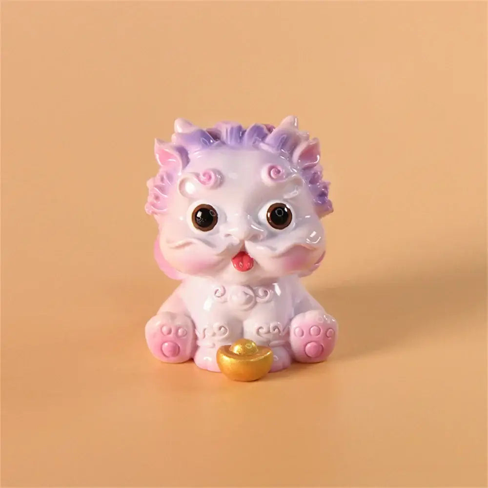 Decorbites™ glossy white and lavender ceramic mythology lion figurine with pink accents and golden ingot for luck and wealth