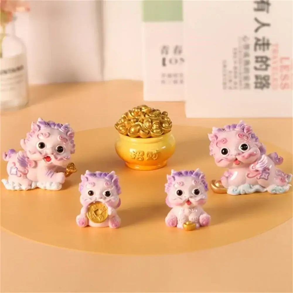 DecorBites™ pink and purple resin mythology lion figurines with gold coins for luck wealth and protection