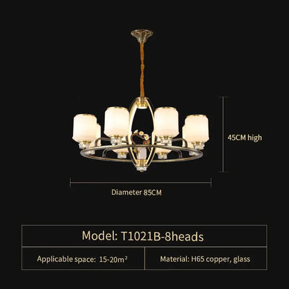 A decorbites natural jade all copper chandelier with polished brass frame and six frosted glass shades for luxury living room