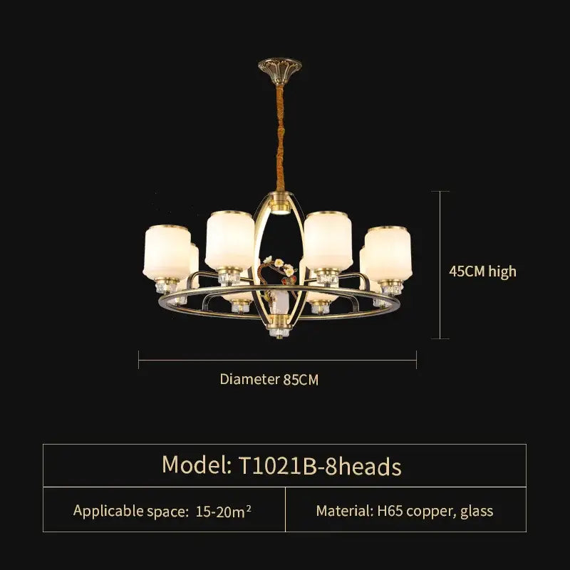 A decorbites natural jade all copper chandelier with polished brass frame and six frosted glass shades for luxury living room