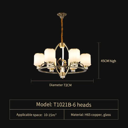 DecorBites natural jade all copper chandelier with six brass-finished heads and frosted glass for luxury living room