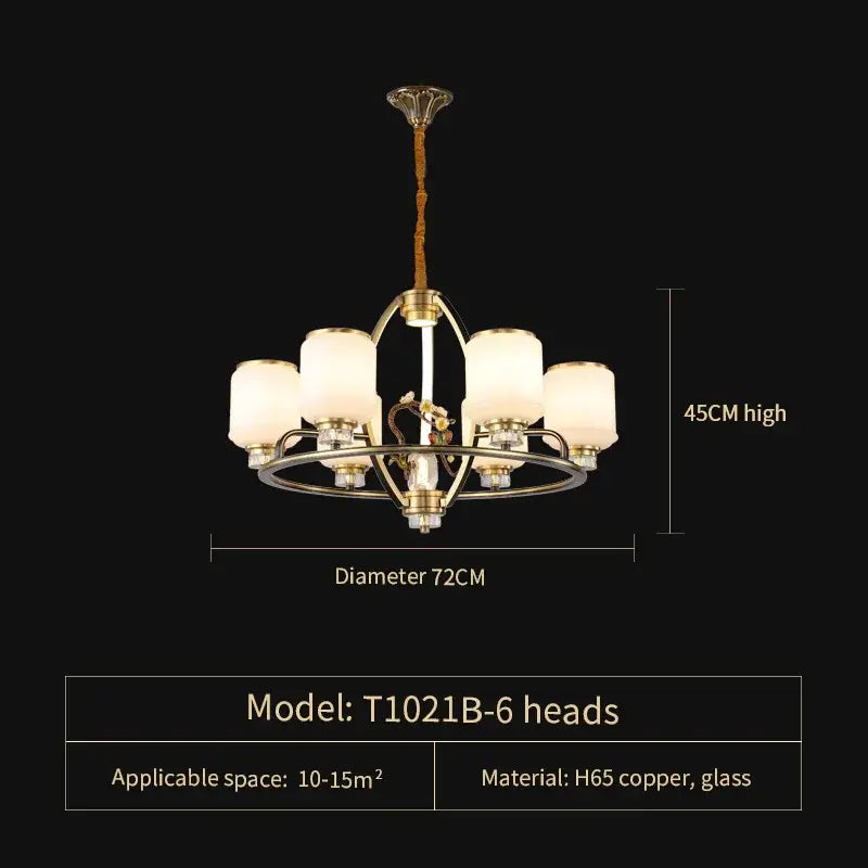 DecorBites natural jade all copper chandelier with six brass-finished heads and frosted glass for luxury living room