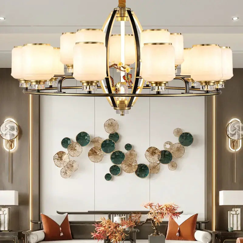 Gold-toned copper chandelier with frosted glass shades and crystal accents decorbites natural jade luxury villa lighting