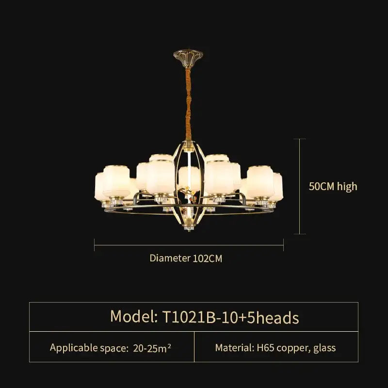Elegant copper chandelier with ten frosted glass shades and natural jade details by DecorBites for luxury living rooms