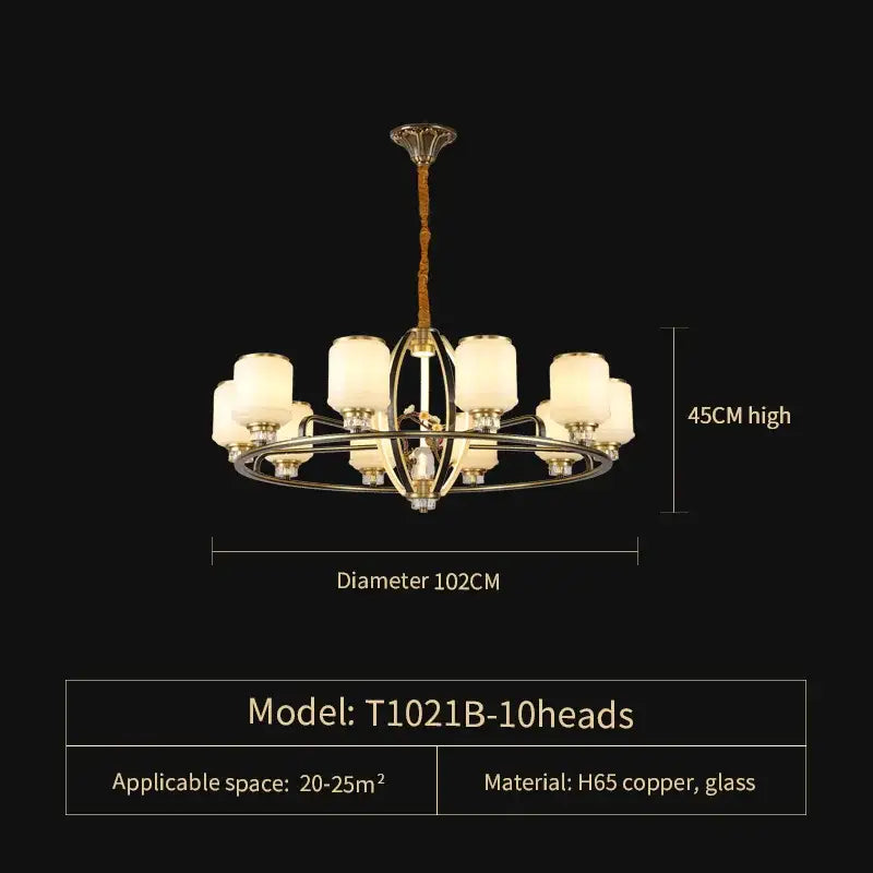 Elegant copper chandelier with ten frosted glass shades and natural jade accents for decorbites luxury living room villa