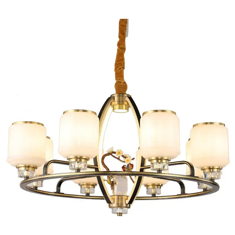 Gold-toned DecorBites natural jade copper chandelier with six frosted glass shades and floral motif for luxury living room villa