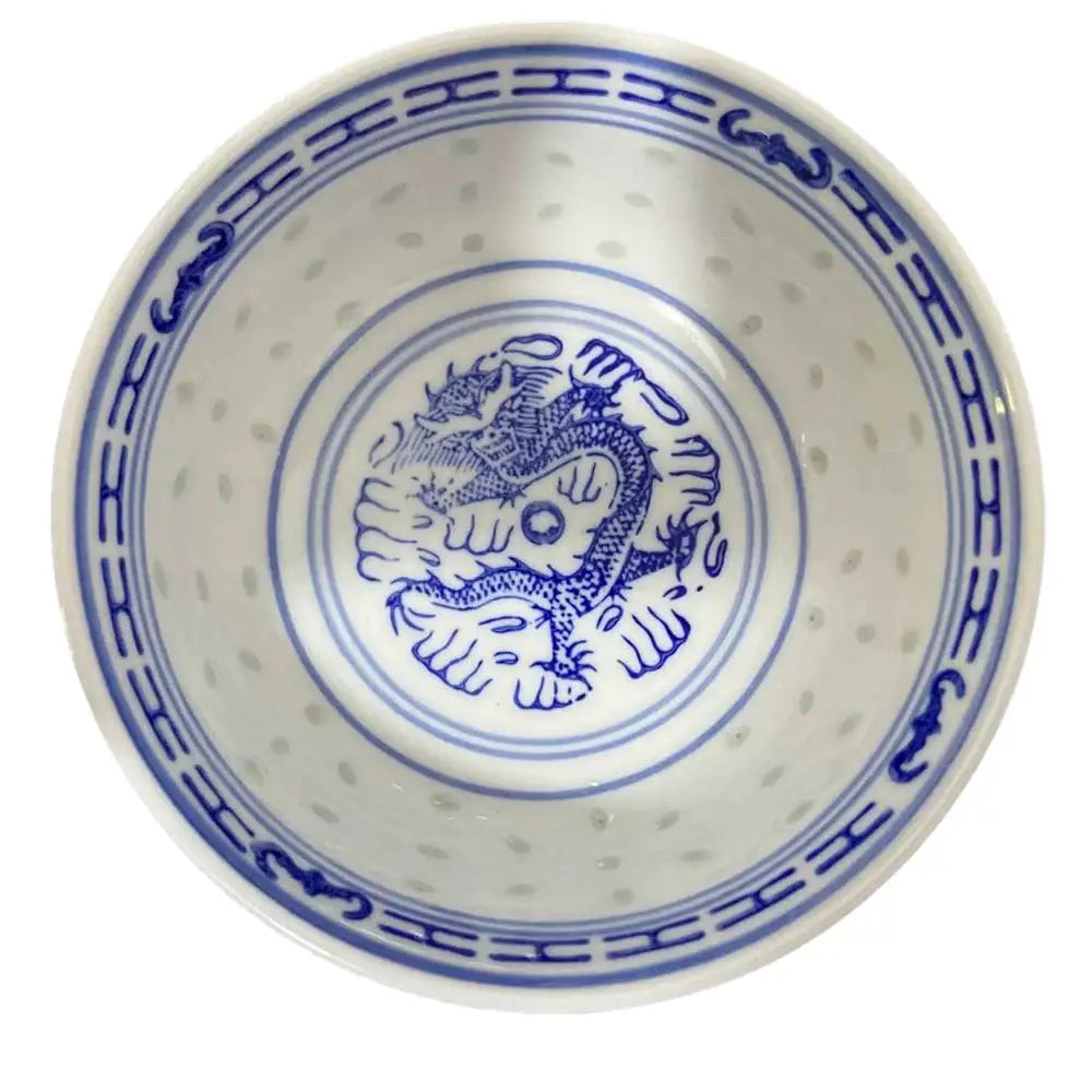 White ceramic decorbites chinese orchid dragon bowl with blue dragon design and perforated rim for dessert or rice