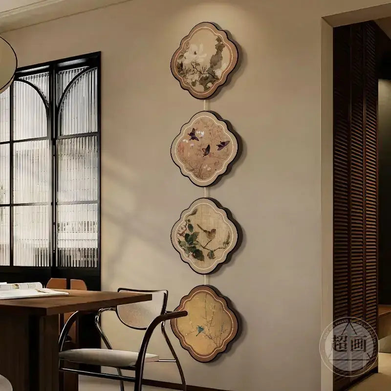 DecorBites™ chinese painting porch door hanging mural with four pastel floral bird scalloped wall plates on beige background