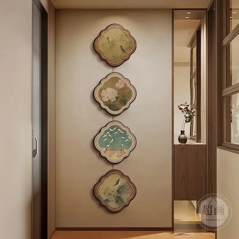 Four scalloped edge decorative wall plaques with traditional chinese painting of birds and flowers for porch door hanging mural