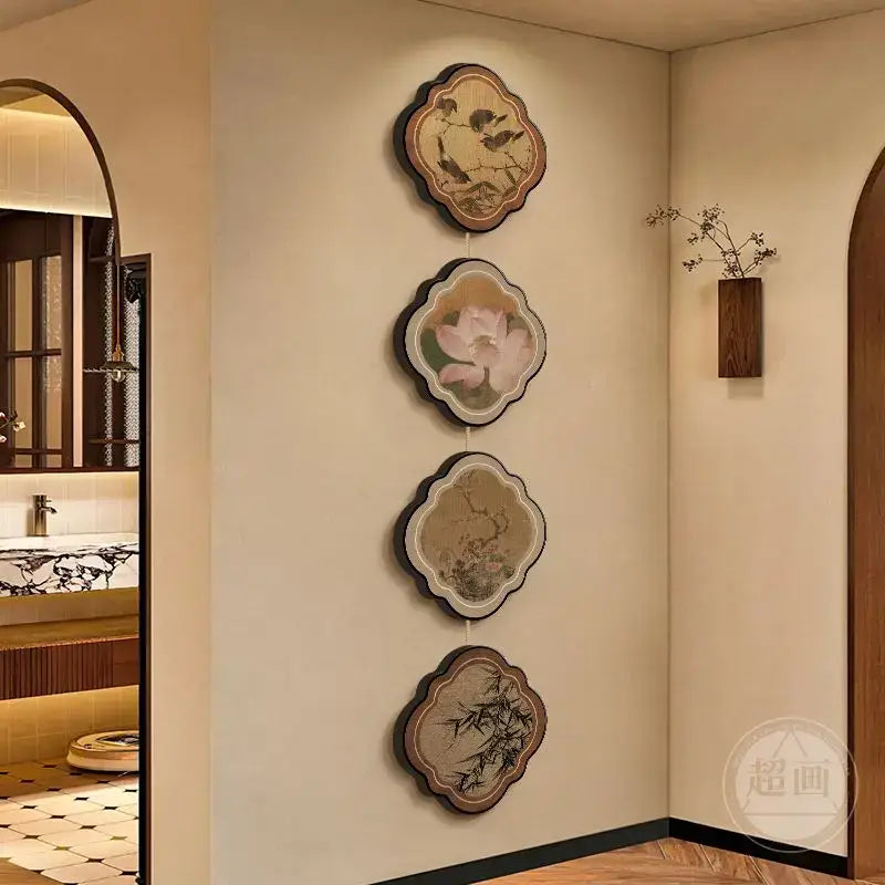 Decorbites™ chinese painting porch door hanging mural features four scalloped dark wood plaques with birds lotus bamboo designs