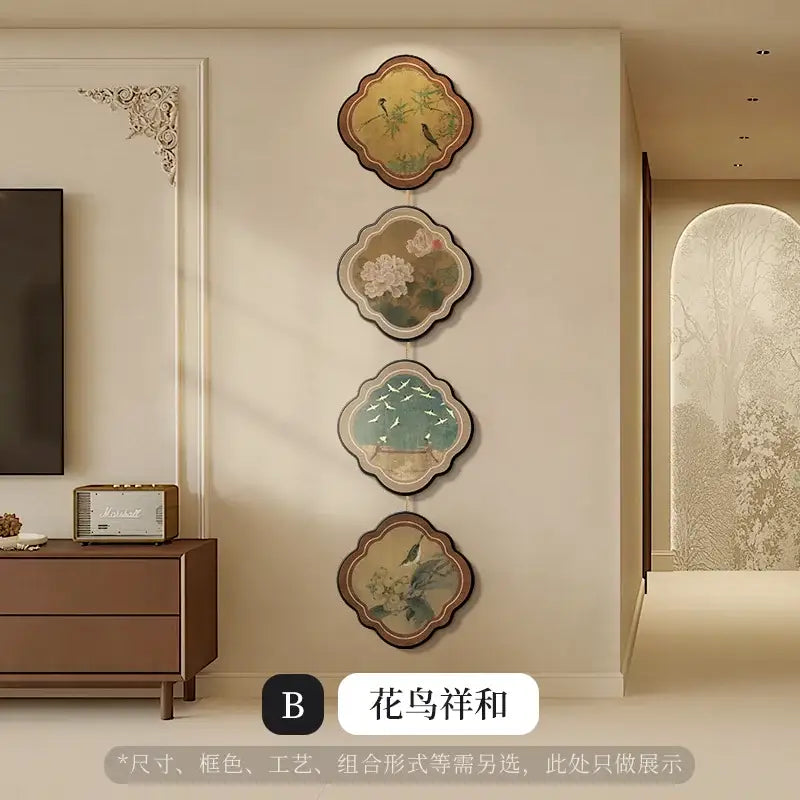 Four scalloped-edge decorative wall panels with traditional chinese painting of birds and flowers for porch door hanging mural