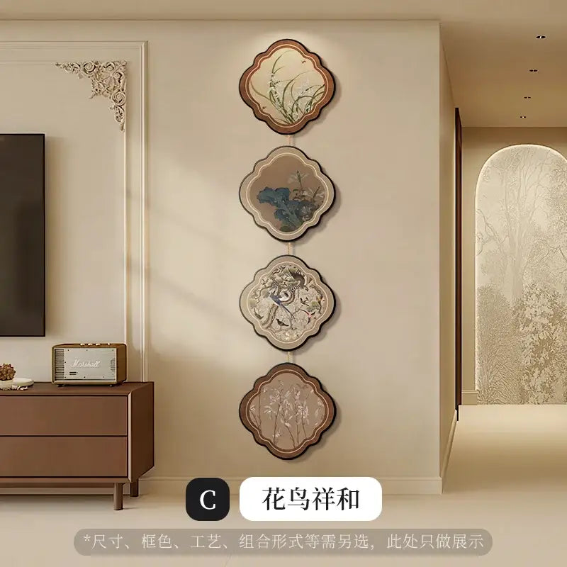 Four vertically arranged decorative wall plates with scalloped frames and intricate botanical artwork in muted tones for porch door hanging mural decor