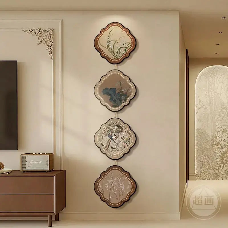 Decorbites™ chinese painting porch door hanging mural featuring four scalloped-edge wall plates with botanical illustrations