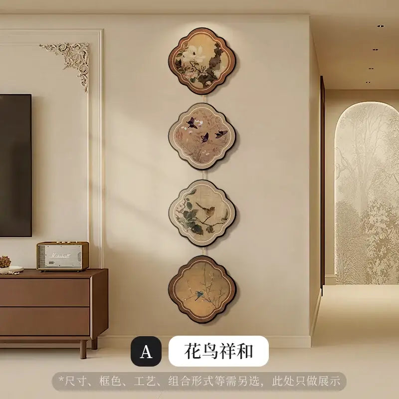Four vertically arranged scalloped-edged wall plaques with pastel floral bird motifs in dark wood frame for porch door hanging mural decorbites chinese painting