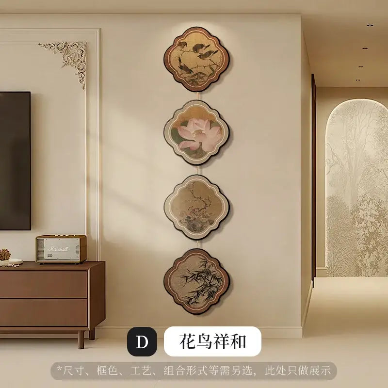 Four scalloped decorative wall plaques with traditional chinese painting floral and bird motifs for porch door hanging mural