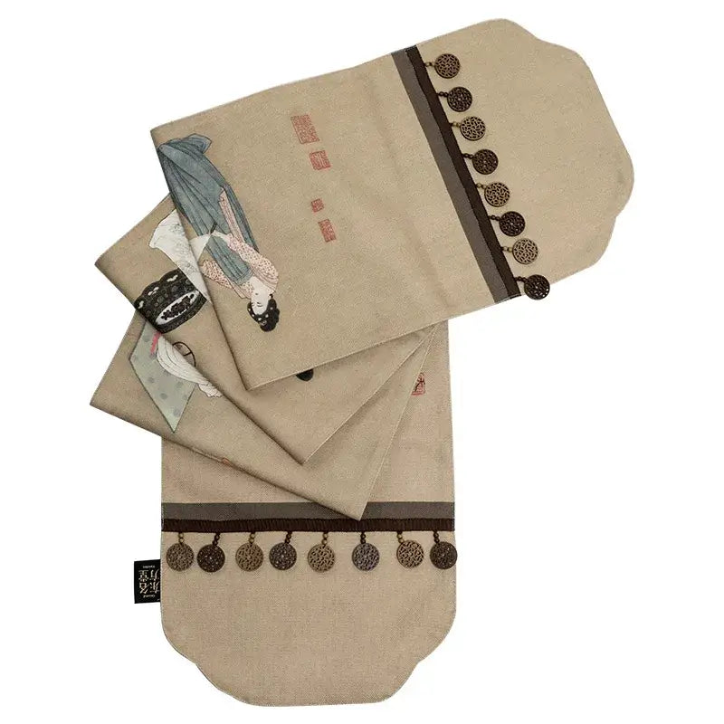 Beige fabric pillowcase with embroidered chinese painting women figure and brown tassels matching painting women print decor