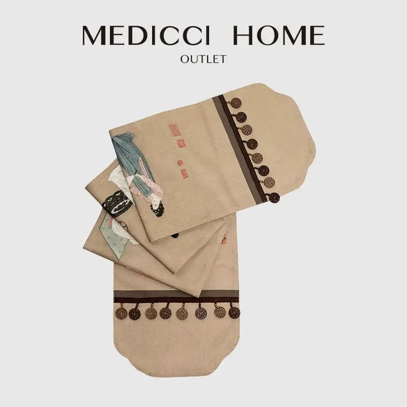 Beige fabric pillowcases with traditional chinese painting women print illustrations and decorative tassels edges