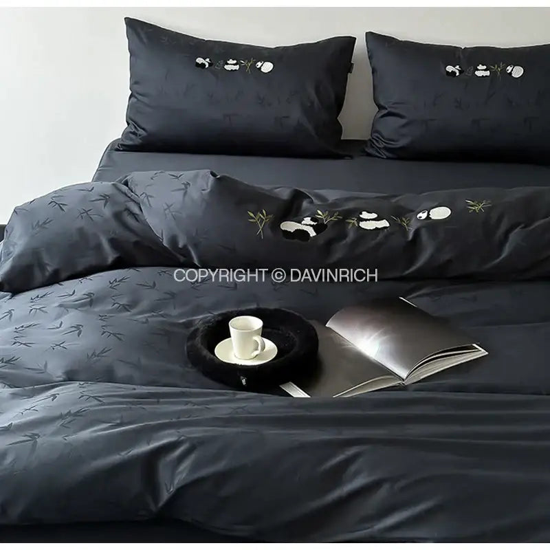 Black satin duvet cover set with embroidered panda and bamboo motifs from decorbites bamboo jacquard luxury cotton bed sheets