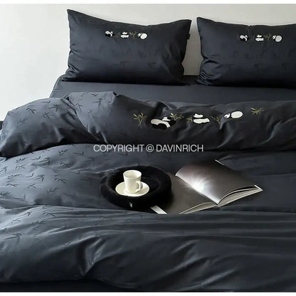 Black satin duvet cover set with embroidered panda and bamboo motifs from decorbites bamboo jacquard luxury cotton bed sheets