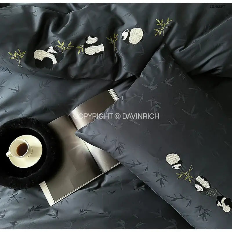 Dark gray satin decorbites™ duvet cover set with embroidered black and white pandas and bamboo jacquard design