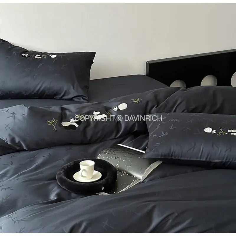 Black satin decorbites™ chinese panda bamboo jacquard duvet cover set with embroidered white and gold motifs