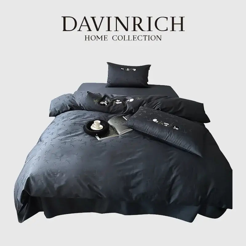 Davinrich home collection black satin bamboo jacquard duvet cover set with subtle white embroidered bamboo patterns