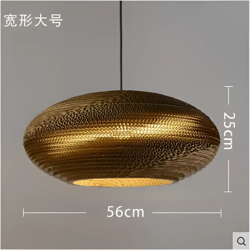 Golden oval-shaped decorbites pendant lights made of corrugated cardboard with woven texture and warm interior lighting