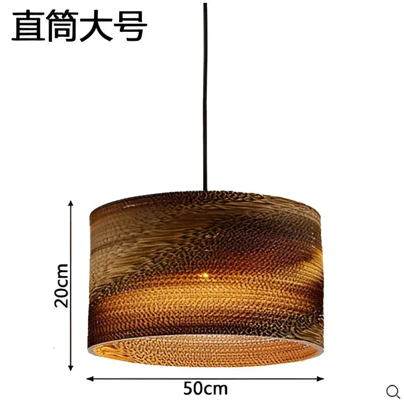 A cylindrical brown cardboard pendant light with woven texture 20cm height 50cm width by decorbites pendant lights